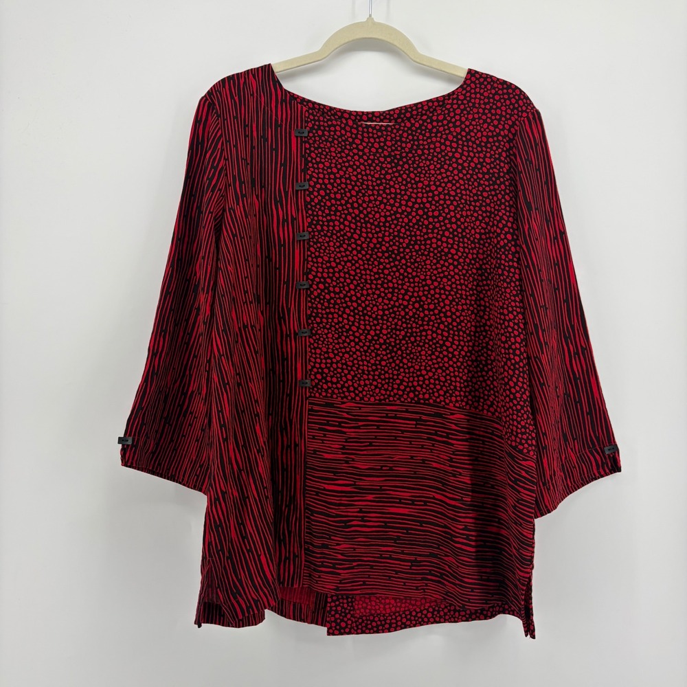 Ali Miles Womens Large Red Black Tunic Top Mixed Media Button Back 3/4 Sleeve
